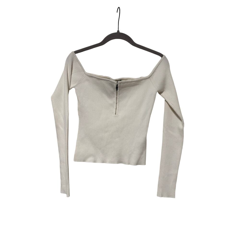 Forever 21 Women’s White Ribbed Off Shoulder Long Sleeve Knit Top Size Large - Picture 2 of 6